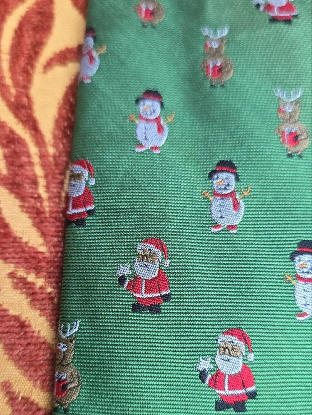 Men's Green Holiday Tie with Santa & Snowman Motif